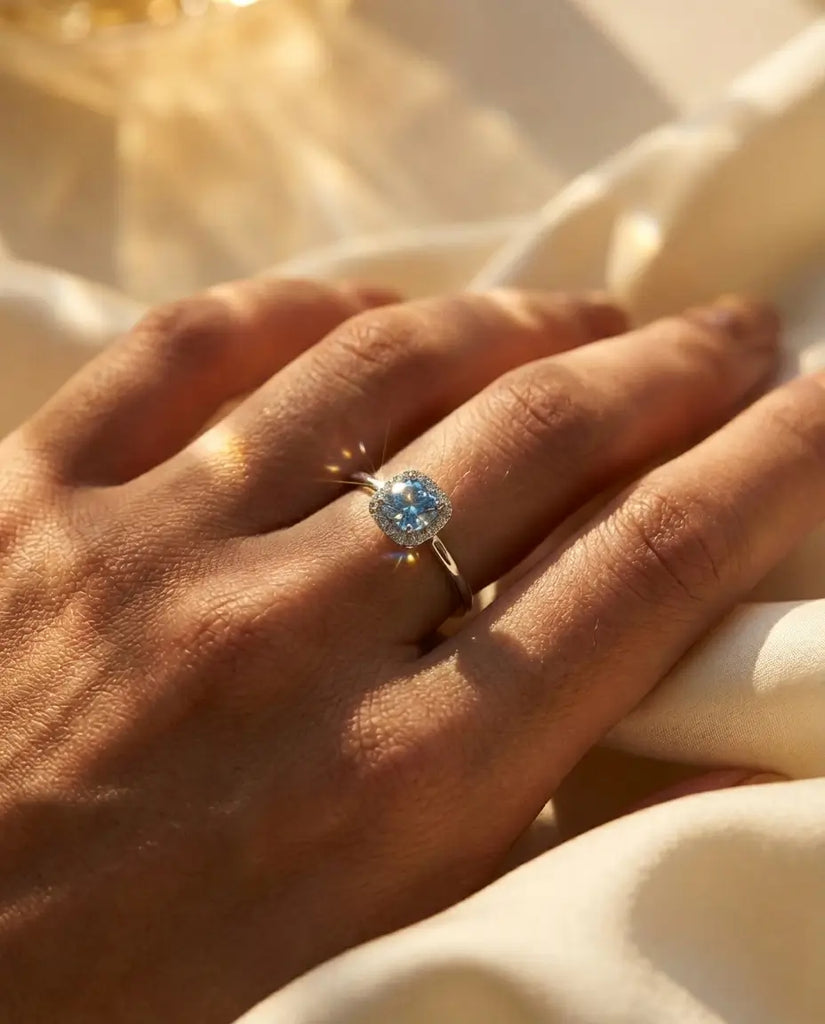 Classic Halo Sea Blue Moissanite Ring - 1 Carat VVS1 in 925 Sterling Silver IfShe UK