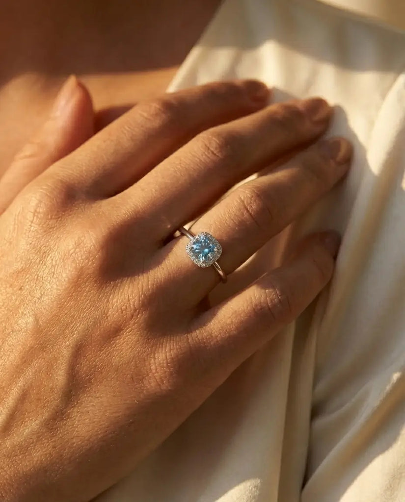 Classic Halo Sea Blue Moissanite Ring - 1 Carat VVS1 in 925 Sterling Silver IfShe UK