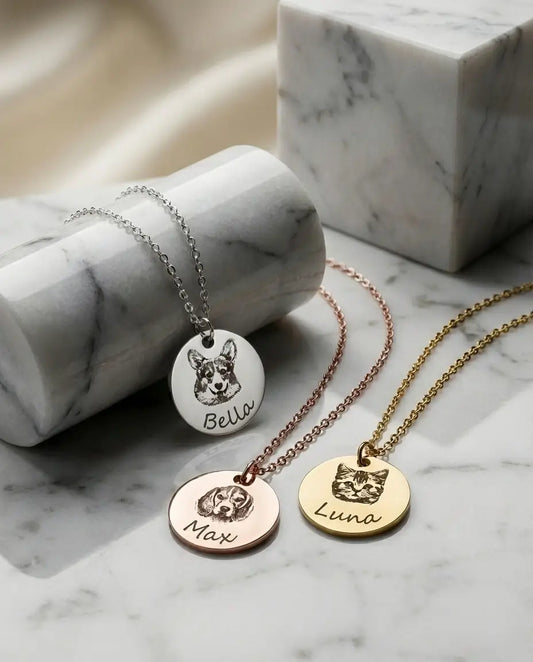 Custom Pet Portrait Necklace - Personalised Engraved Disc Pendant in Stainless Steel IfShe