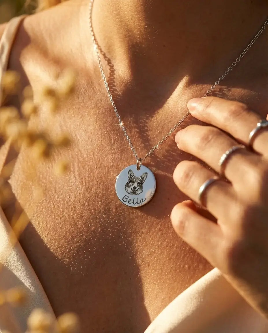 Custom Pet Portrait Necklace - Personalised Engraved Disc Pendant in Stainless Steel IfShe