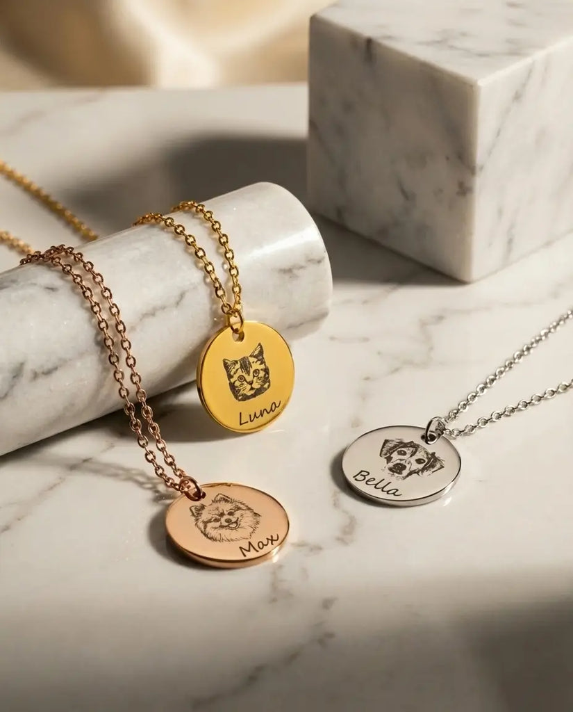 Custom Pet Portrait Necklace - Personalised Engraved Disc Pendant in Stainless Steel IfShe