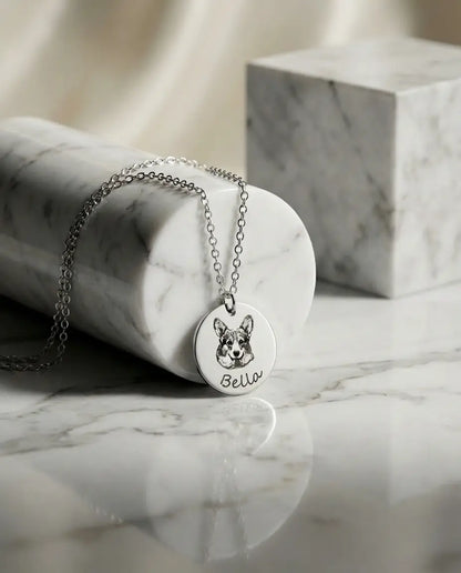 Custom Pet Portrait Necklace - Personalised Engraved Disc Pendant in Stainless Steel IfShe