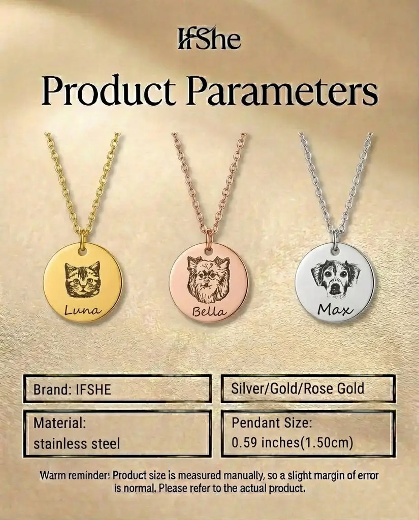 Custom Pet Portrait Necklace - Personalised Engraved Disc Pendant in Stainless Steel IfShe