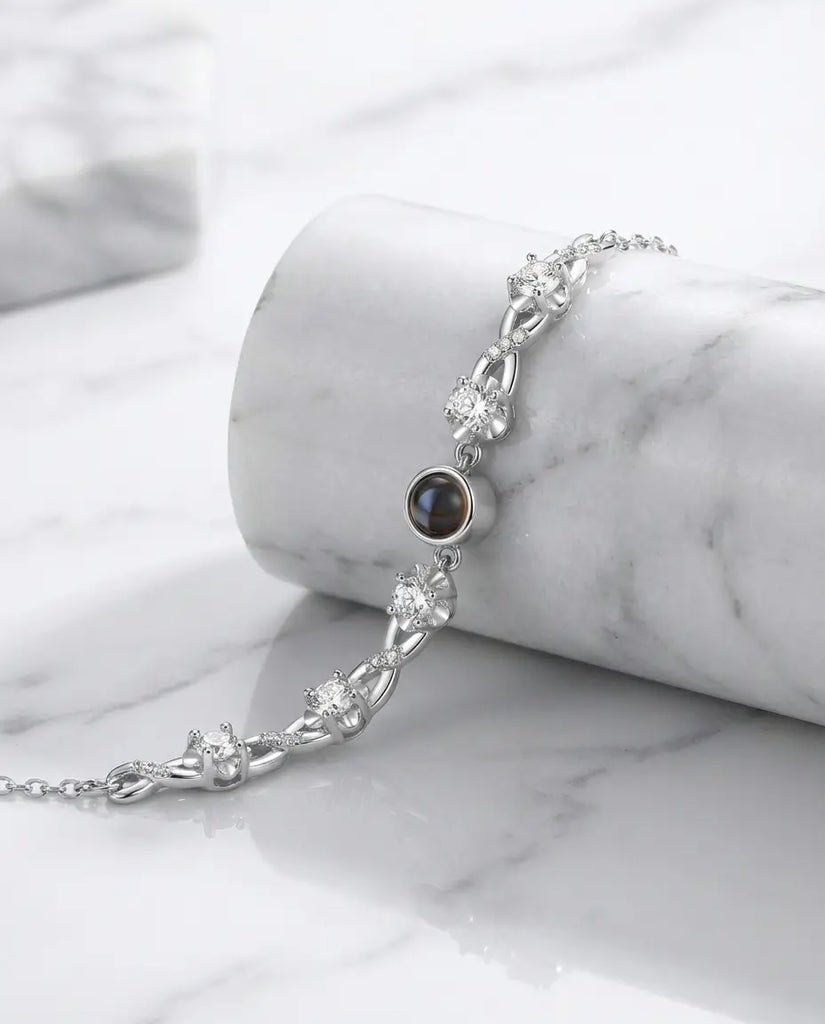 Custom Photo Projection Bracelet - Floral Silver Charm with Hidden Picture IfShe UK