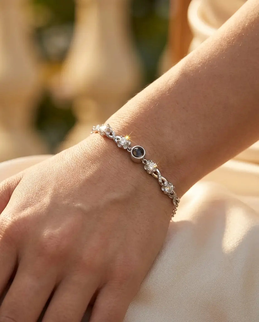 Custom Photo Projection Bracelet - Floral Silver Charm with Hidden Picture IfShe UK