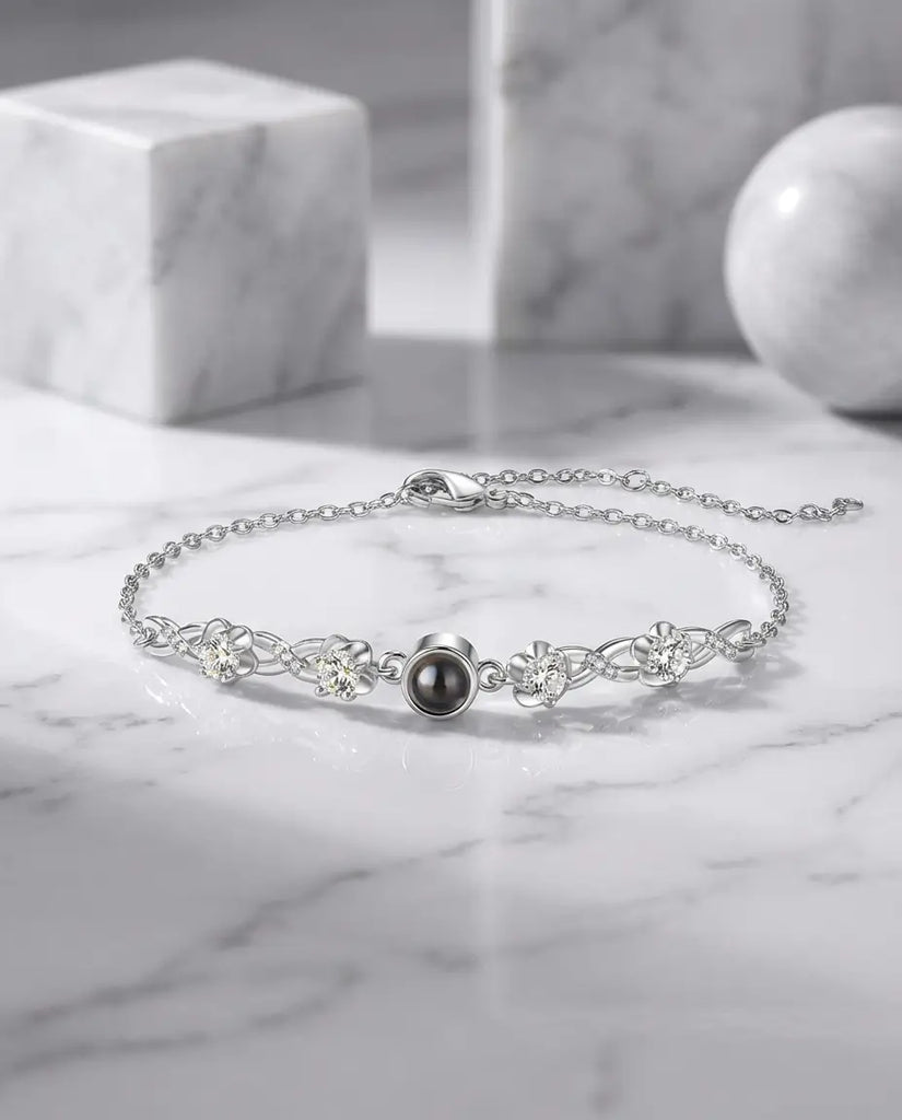 Custom Photo Projection Bracelet - Floral Silver Charm with Hidden Picture IfShe UK