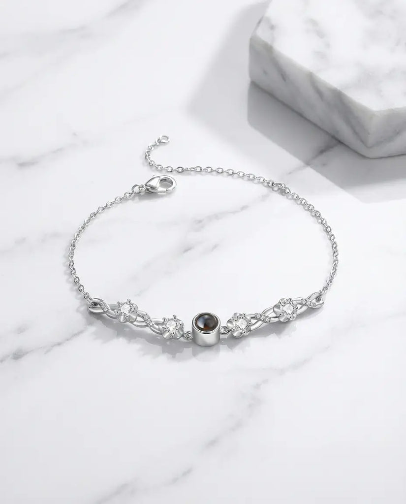 Custom Photo Projection Bracelet - Floral Silver Charm with Hidden Picture IfShe UK