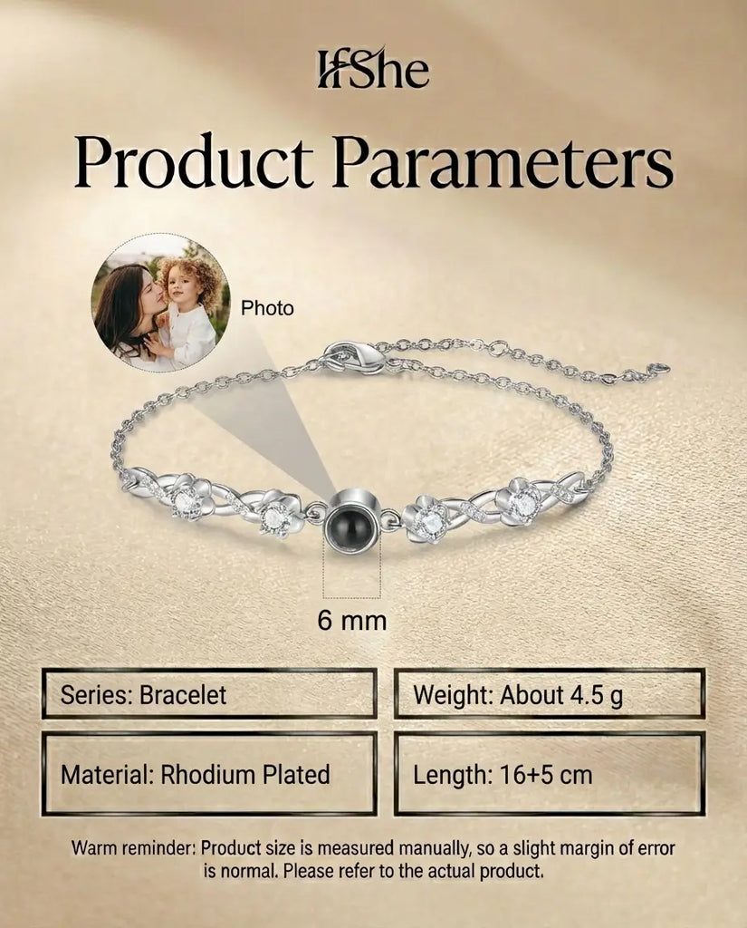 Custom Photo Projection Bracelet - Floral Silver Charm with Hidden Picture IfShe UK