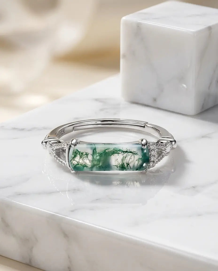 East-West Rectangular Moss Agate Ring - Vintage Adjustable Silver Bar Ring IfShe UK