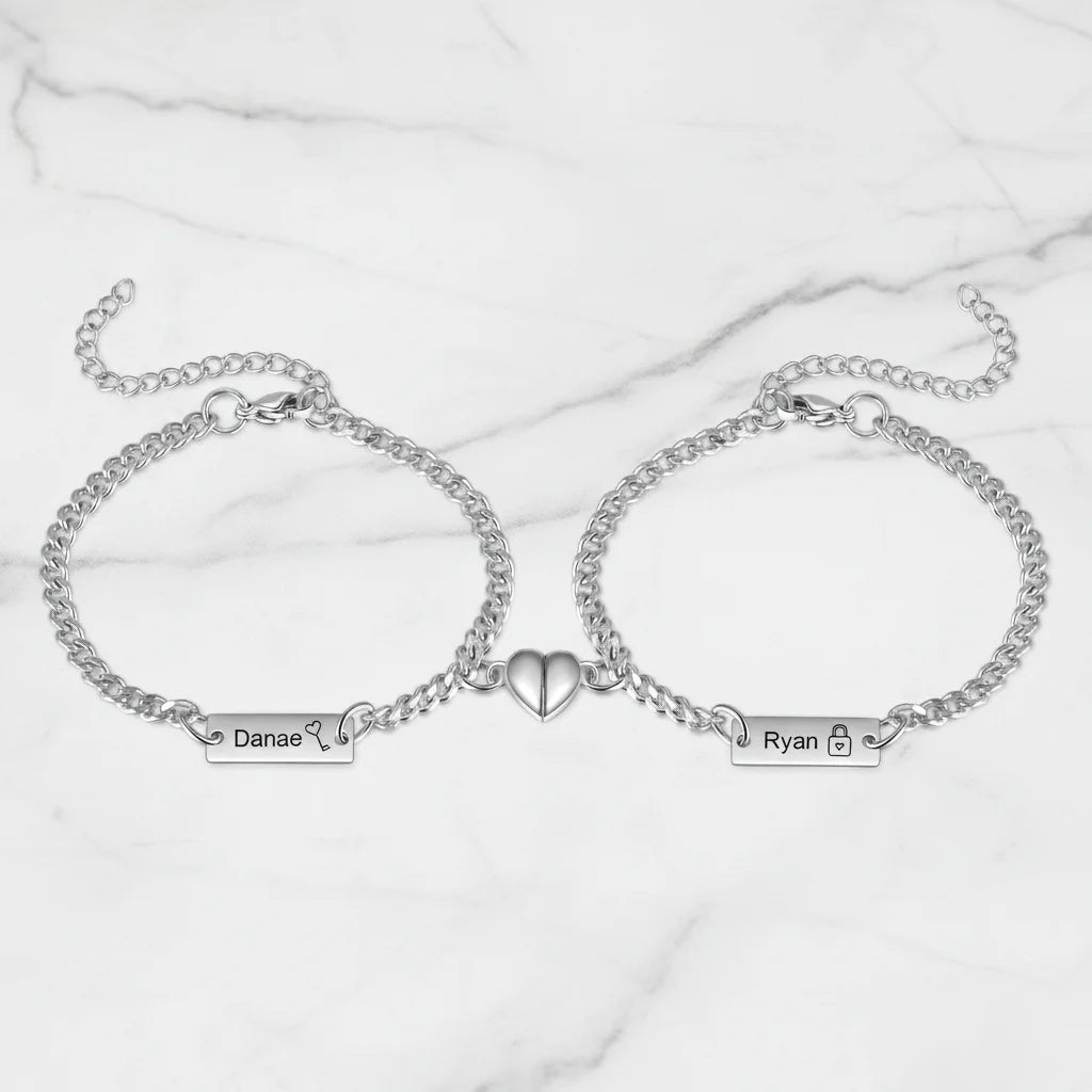 Engraved Bar Magnetic Couple Bracelets with Heart Charm