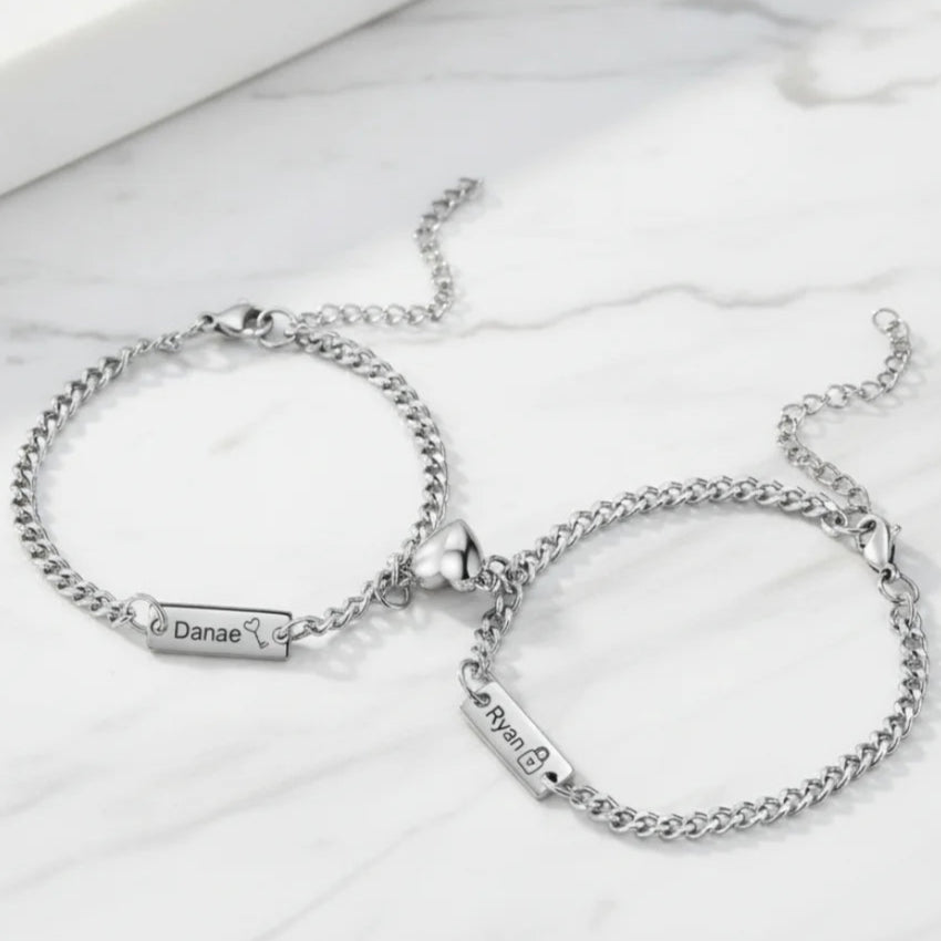 Engraved Bar Magnetic Couple Bracelets with Heart Charm