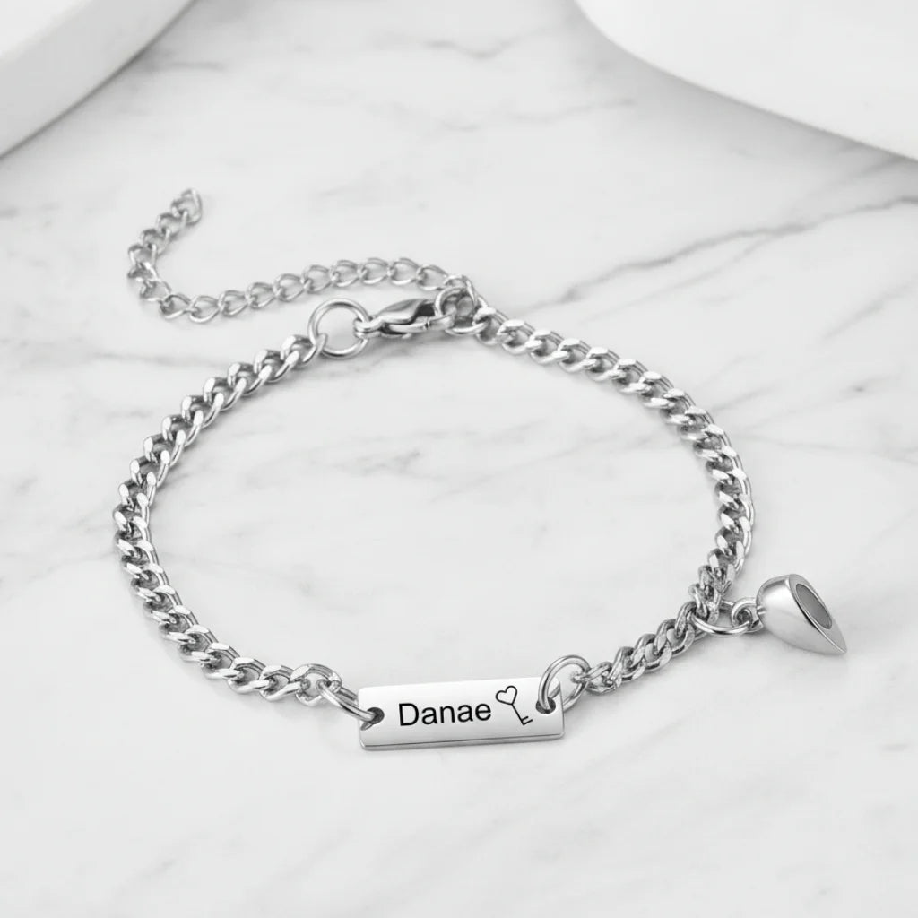 Engraved Bar Magnetic Couple Bracelets with Heart Charm