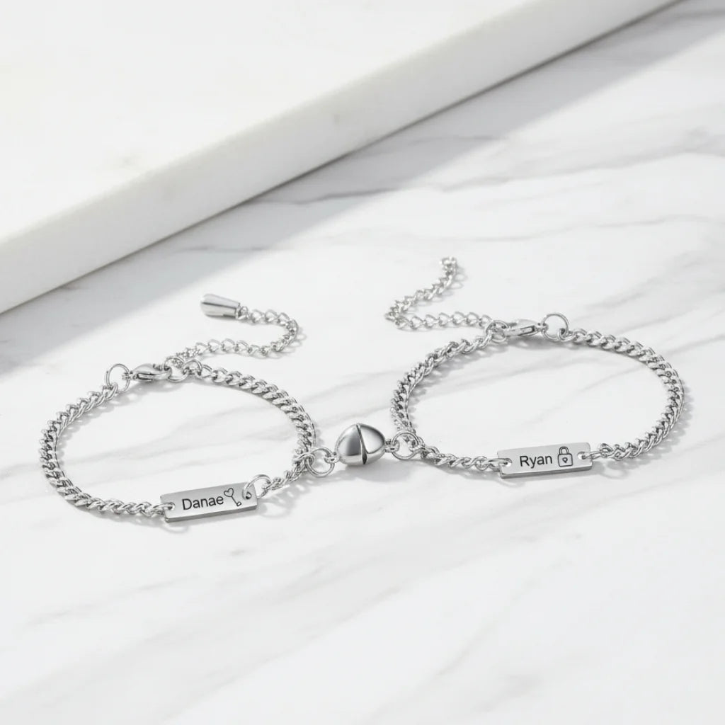Engraved Bar Magnetic Couple Bracelets with Heart Charm