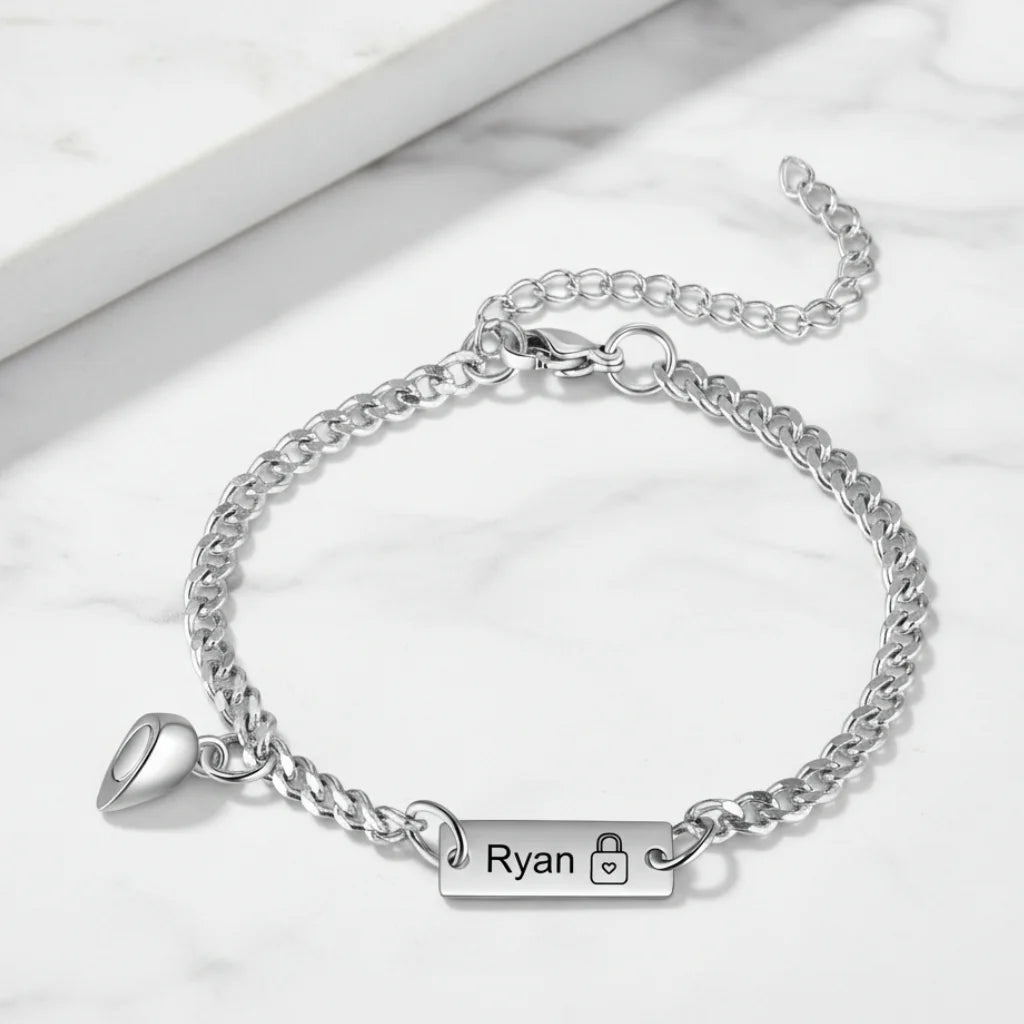 Engraved Bar Magnetic Couple Bracelets with Heart Charm
