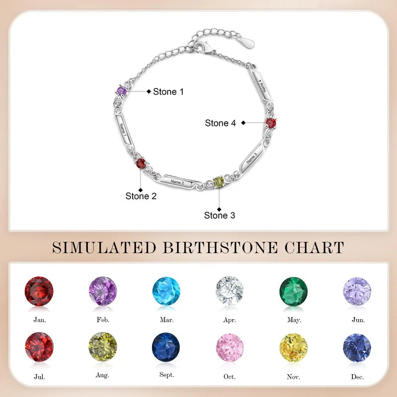 Engraved Name Bracelet | Personalised Birthstone Bracelet | Up to 5 Name and Birthstones