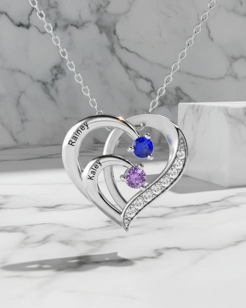Engraved Sterling Silver Heart Personalised Necklace with Birthstones