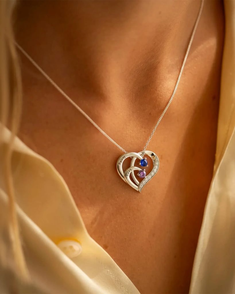 Engraved Sterling Silver Heart Personalised Necklace with Birthstones