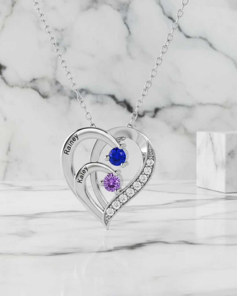 Engraved Sterling Silver Heart Personalised Necklace with Birthstones