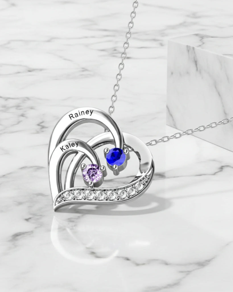 Engraved Sterling Silver Heart Personalised Necklace with Birthstones