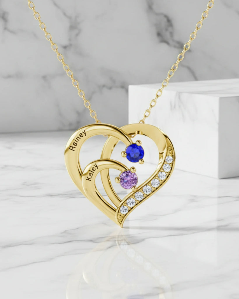 Engraved Sterling Silver Heart Personalised Necklace with Birthstones