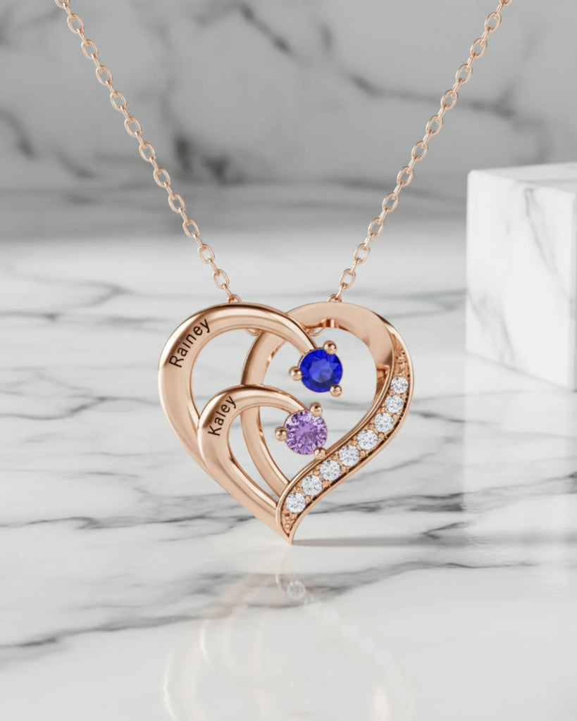 Engraved Sterling Silver Heart Personalised Necklace with Birthstones
