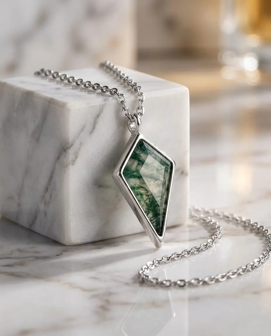Geometric Kite Moss Agate Necklace - Sterling Silver Rhombus Pendant IfShe UK