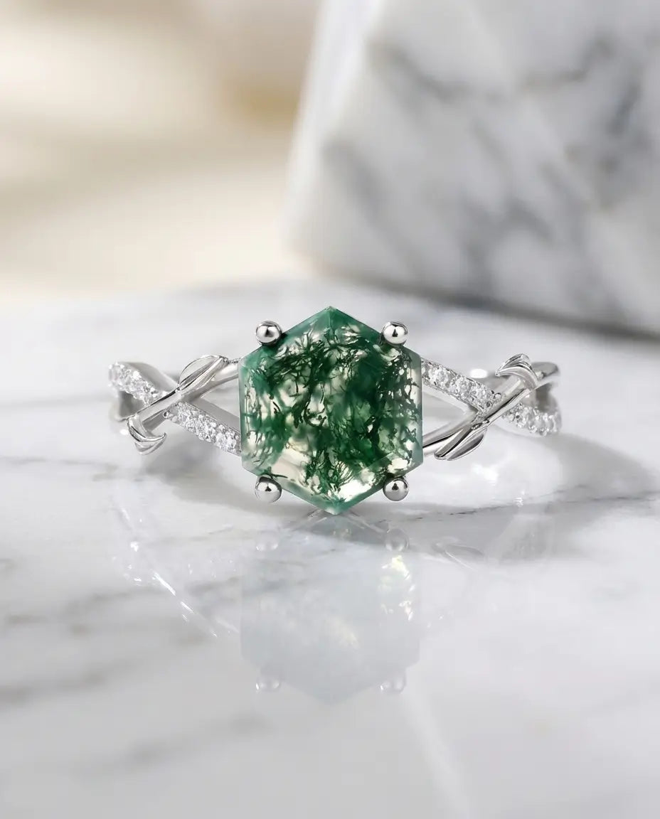 Hexagon Moss Agate Ring - Sterling Silver Vine & Leaf Design IfShe UK