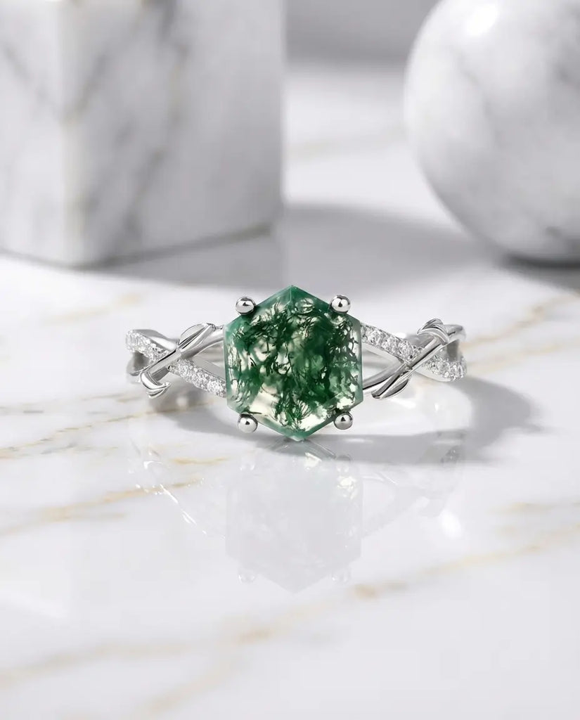 Hexagon Moss Agate Ring - Sterling Silver Vine & Leaf Design IfShe UK