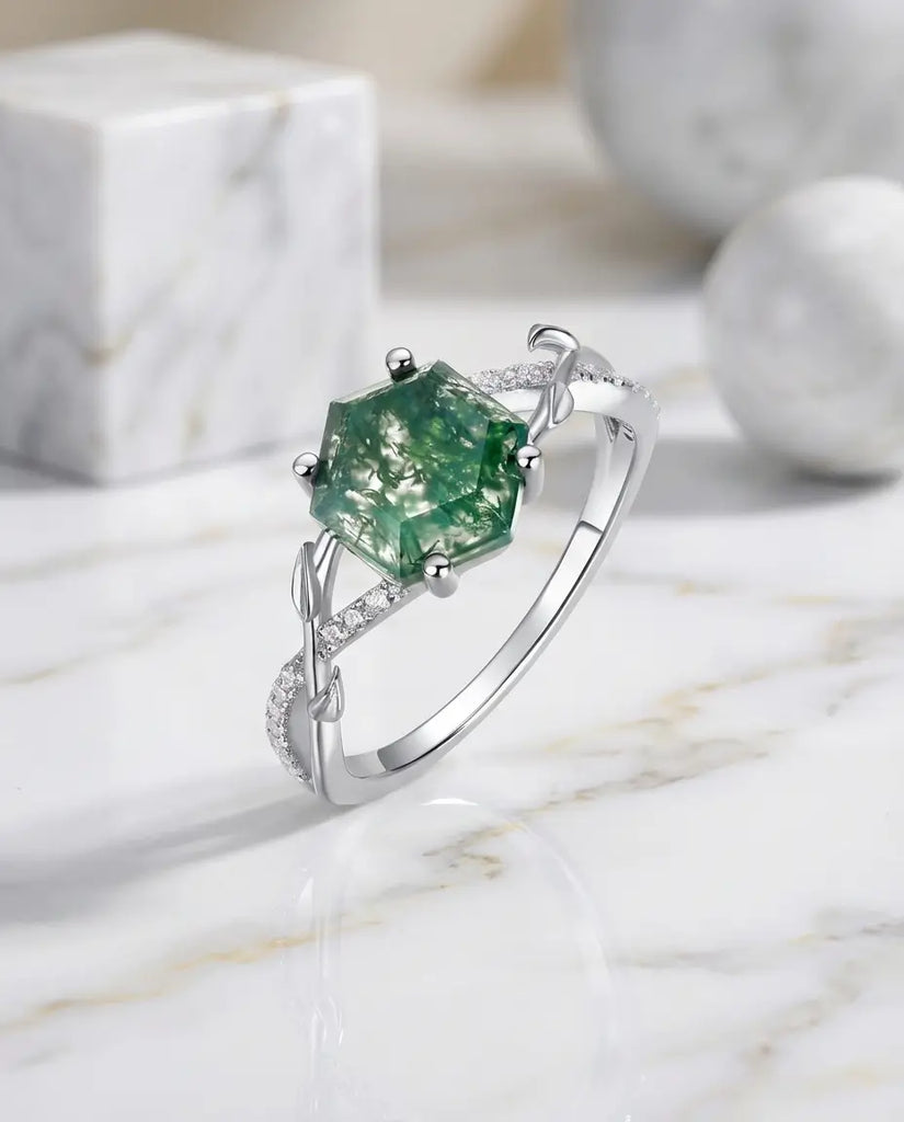 Hexagon Moss Agate Ring - Sterling Silver Vine & Leaf Design IfShe UK
