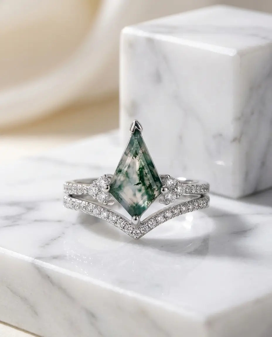 Kite-Cut Moss Agate Bridal Set - Chevron Stacking Ring in Silver or Gold IfShe UK