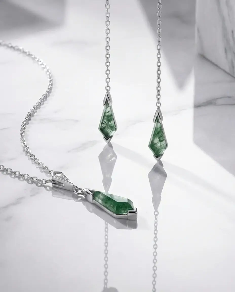 Kite-Cut Moss Agate Jewellery Set - Sterling Silver Necklace & Drop Earrings IfShe UK