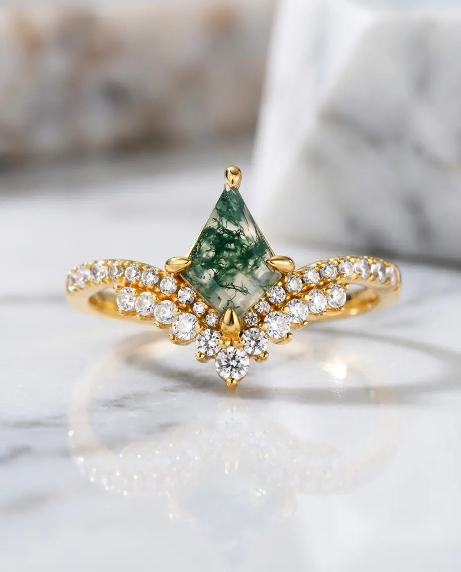 Kite-Shaped Moss Agate Ring - Vintage Style Silver & Gold Vermeil IfShe UK