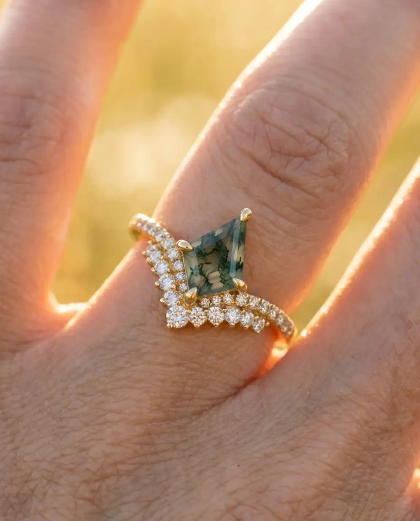 Kite-Shaped Moss Agate Ring - Vintage Style Silver & Gold Vermeil IfShe UK