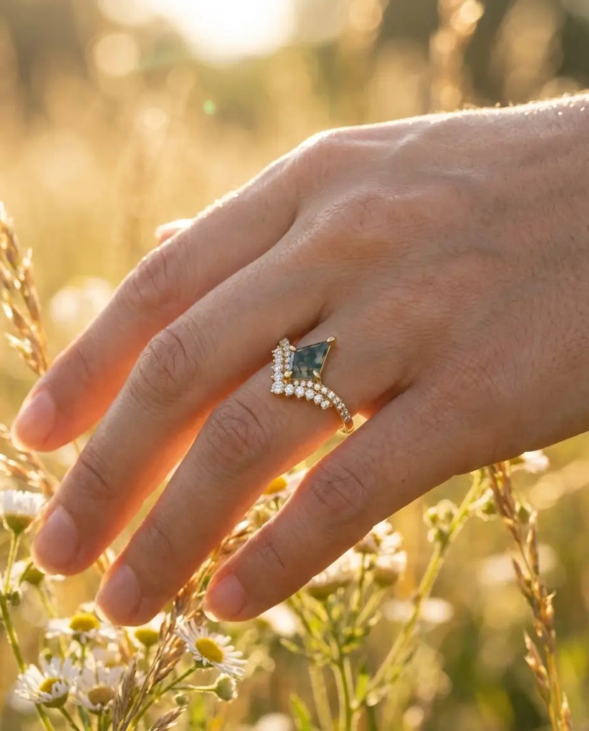 Kite-Shaped Moss Agate Ring - Vintage Style Silver & Gold Vermeil IfShe UK