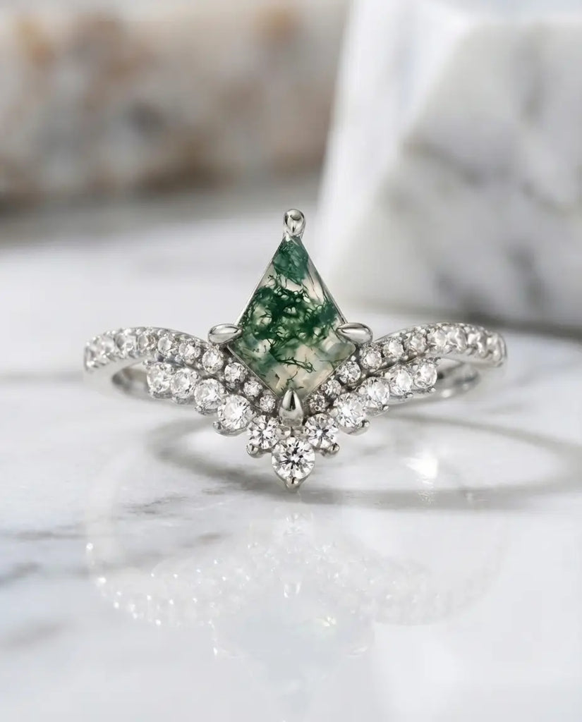 Kite-Shaped Moss Agate Ring - Vintage Style Silver & Gold Vermeil IfShe UK