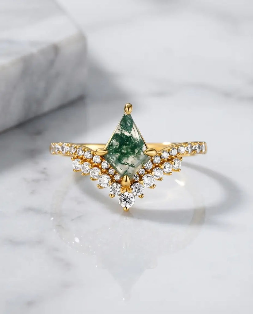 Kite-Shaped Moss Agate Ring - Vintage Style Silver & Gold Vermeil IfShe UK