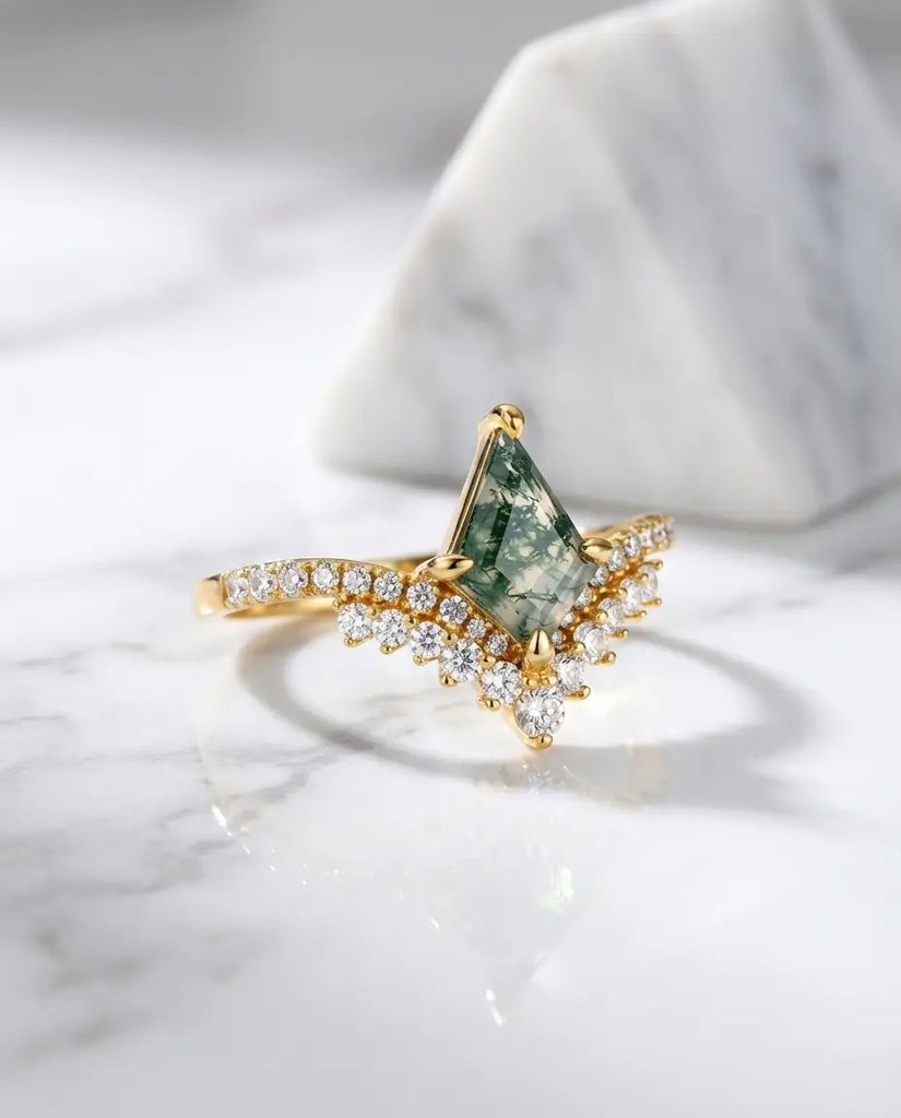 Kite-Shaped Moss Agate Ring - Vintage Style Silver & Gold Vermeil IfShe UK