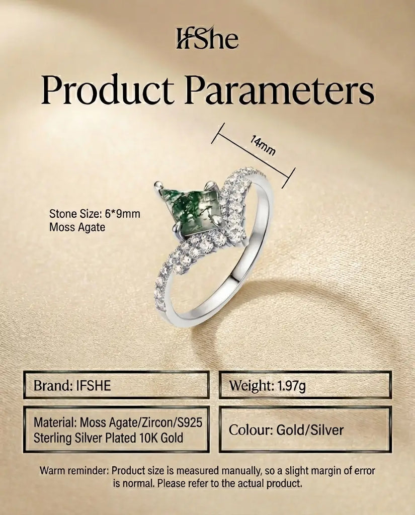 Kite-Shaped Moss Agate Ring - Vintage Style Silver & Gold Vermeil IfShe UK