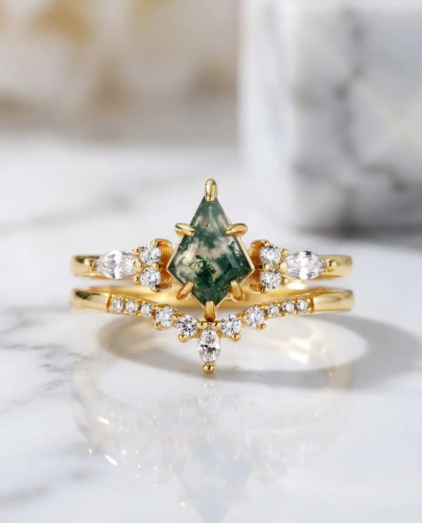 Kite Moss Agate Bridal Ring Set - Vintage Style Nesting Bands in Sterling Silver IfShe UK