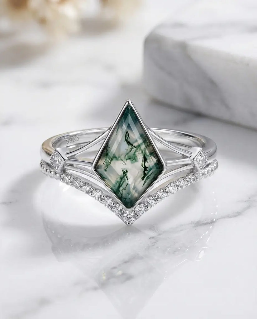 Kite Moss Agate Ring Set - Vintage Style Sterling Silver Bridal Stack IfShe UK