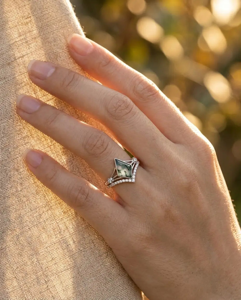 Kite Moss Agate Ring Set - Vintage Style Sterling Silver Bridal Stack IfShe UK