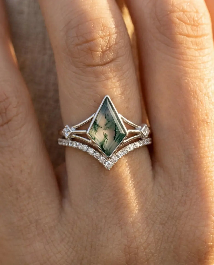 Kite Moss Agate Ring Set - Vintage Style Sterling Silver Bridal Stack IfShe UK