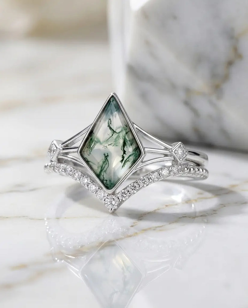 Kite Moss Agate Ring Set - Vintage Style Sterling Silver Bridal Stack IfShe UK