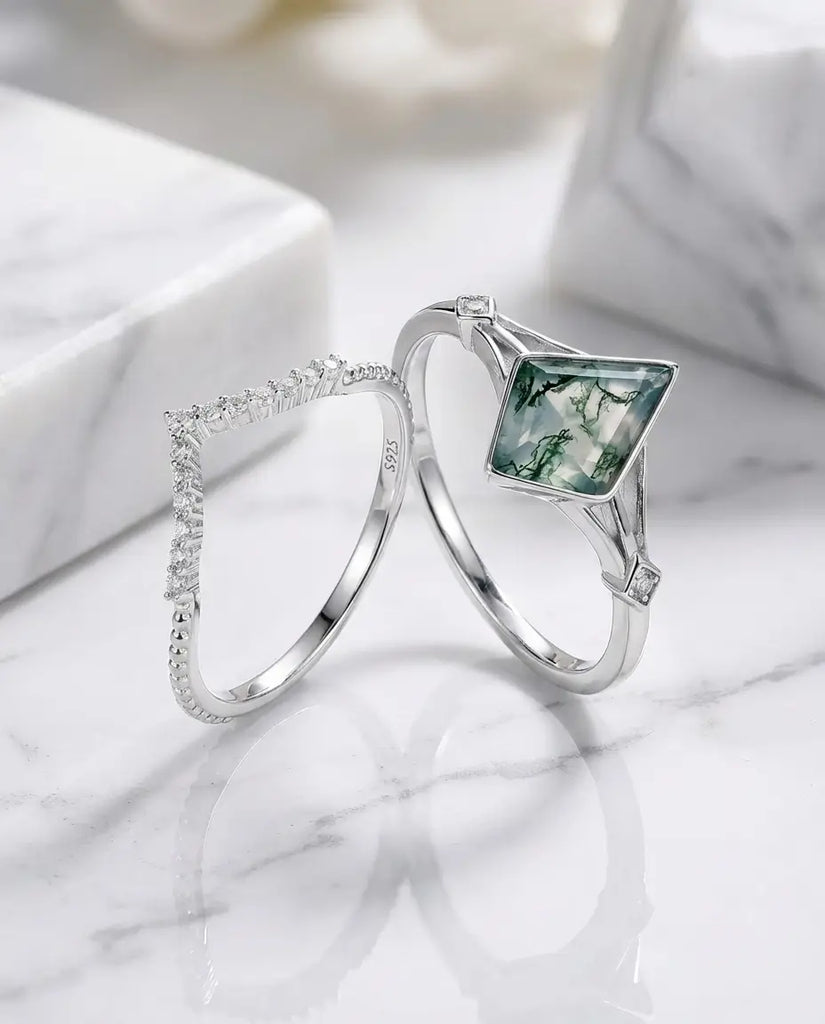 Kite Moss Agate Ring Set - Vintage Style Sterling Silver Bridal Stack IfShe UK