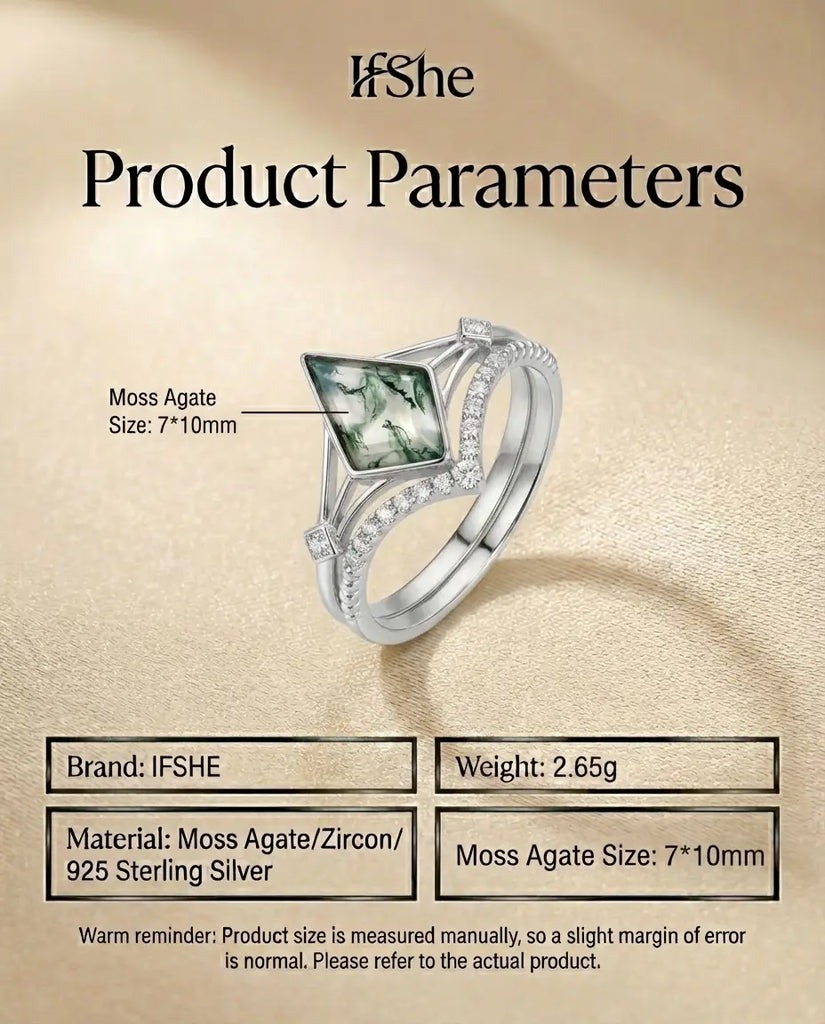 Kite Moss Agate Ring Set - Vintage Style Sterling Silver Bridal Stack IfShe UK