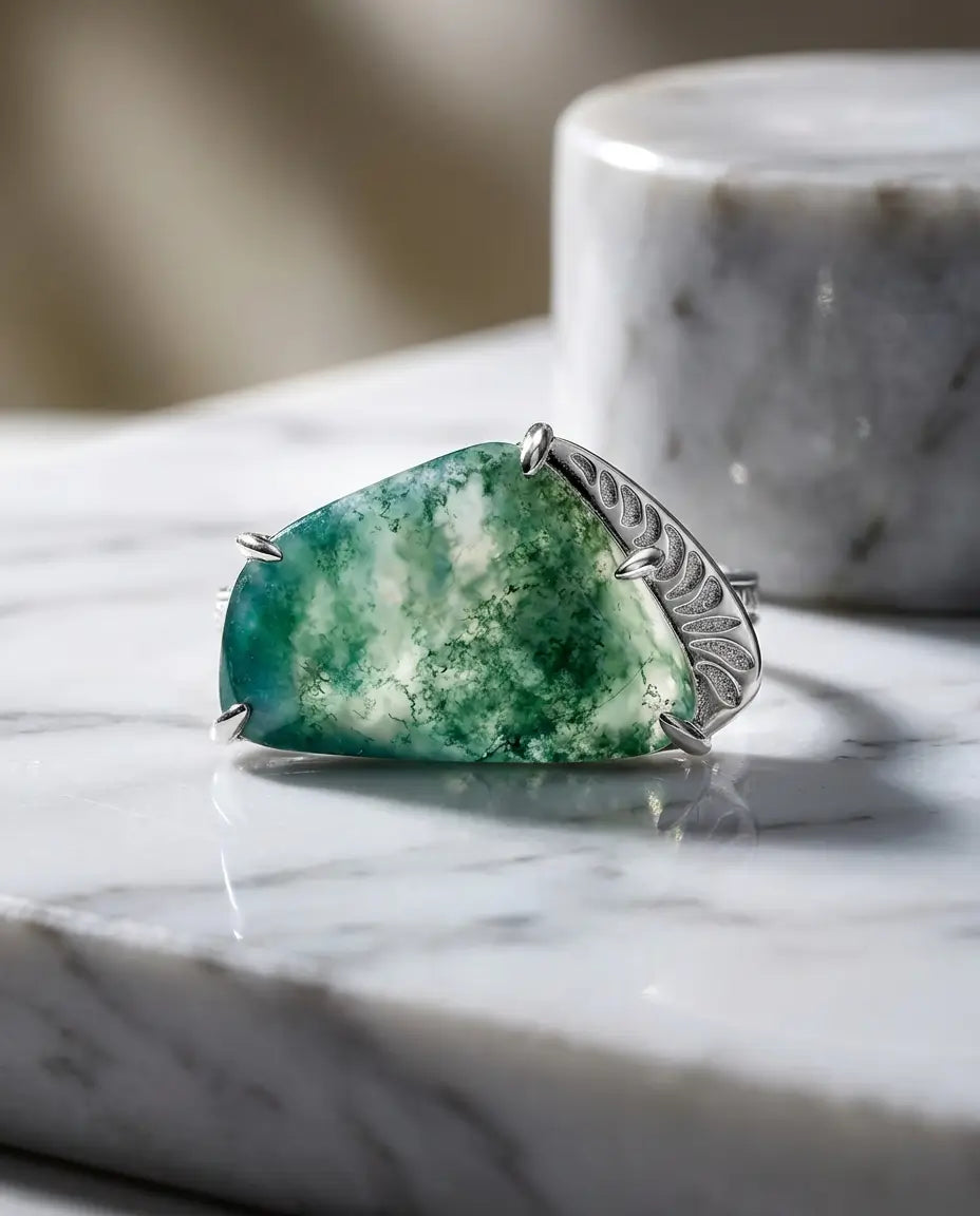 IfShe Natural Moss Agate Ring – 925 Sterling Silver White Gold–Plated-IfShe-UK