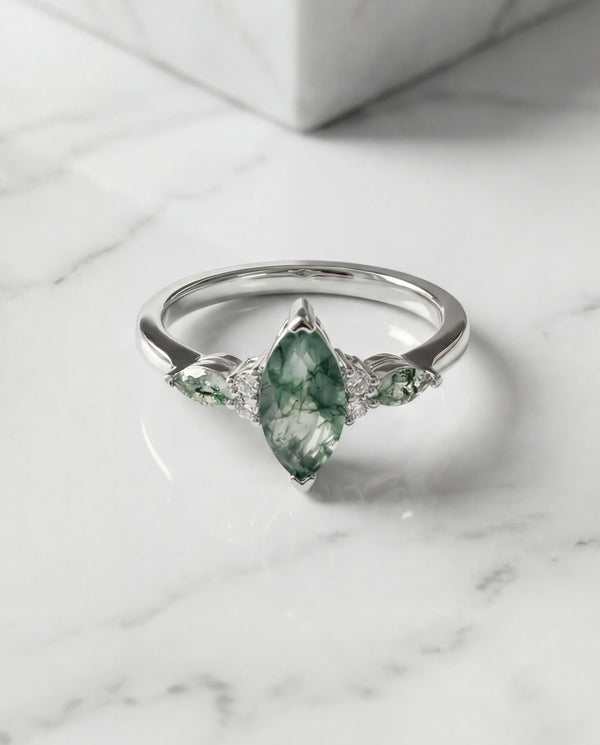 Marquise Moss Agate Ring - Sterling Silver Nature Leaf Band IfShe UK