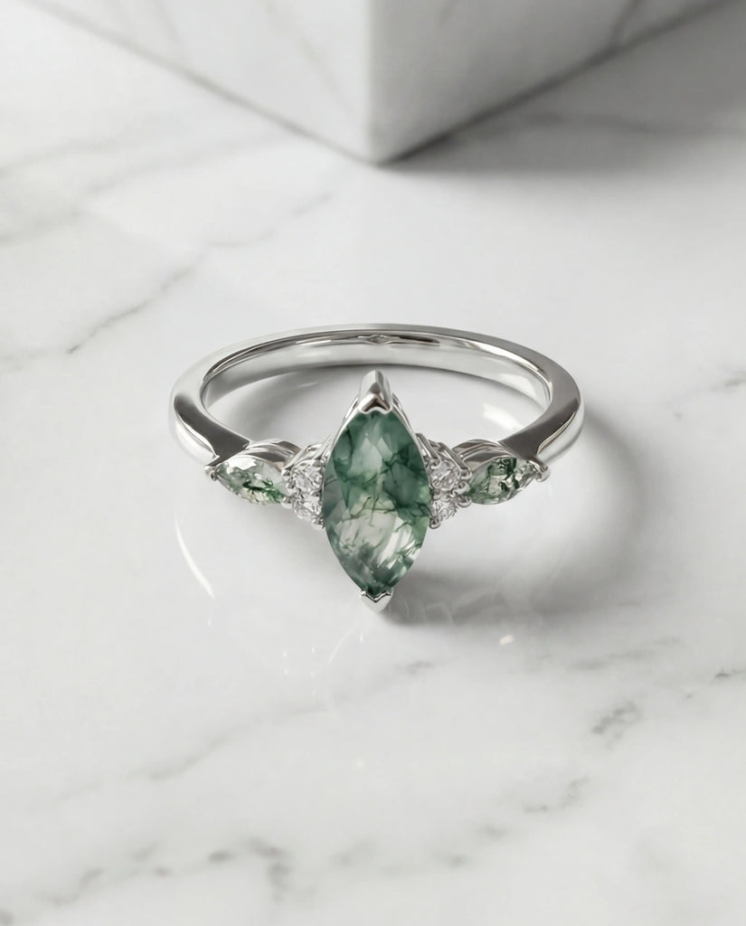Marquise Moss Agate Ring - Sterling Silver Nature Leaf Band IfShe UK