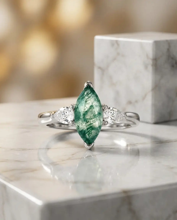 Marquise Moss Agate Ring - Vintage Three-Stone Design in White Gold Plated Silver IfShe UK