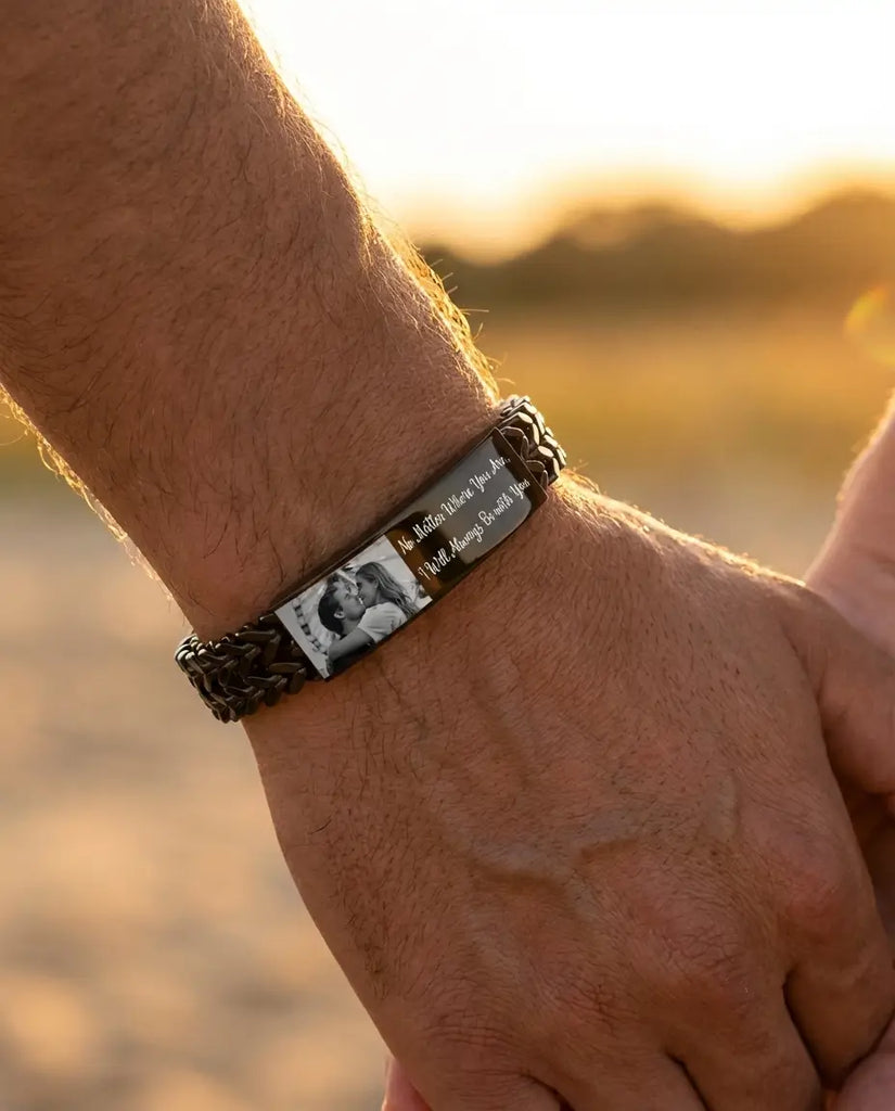 Men's Personalised Photo Link Bracelet - Engraved ID Bar IfShe UK